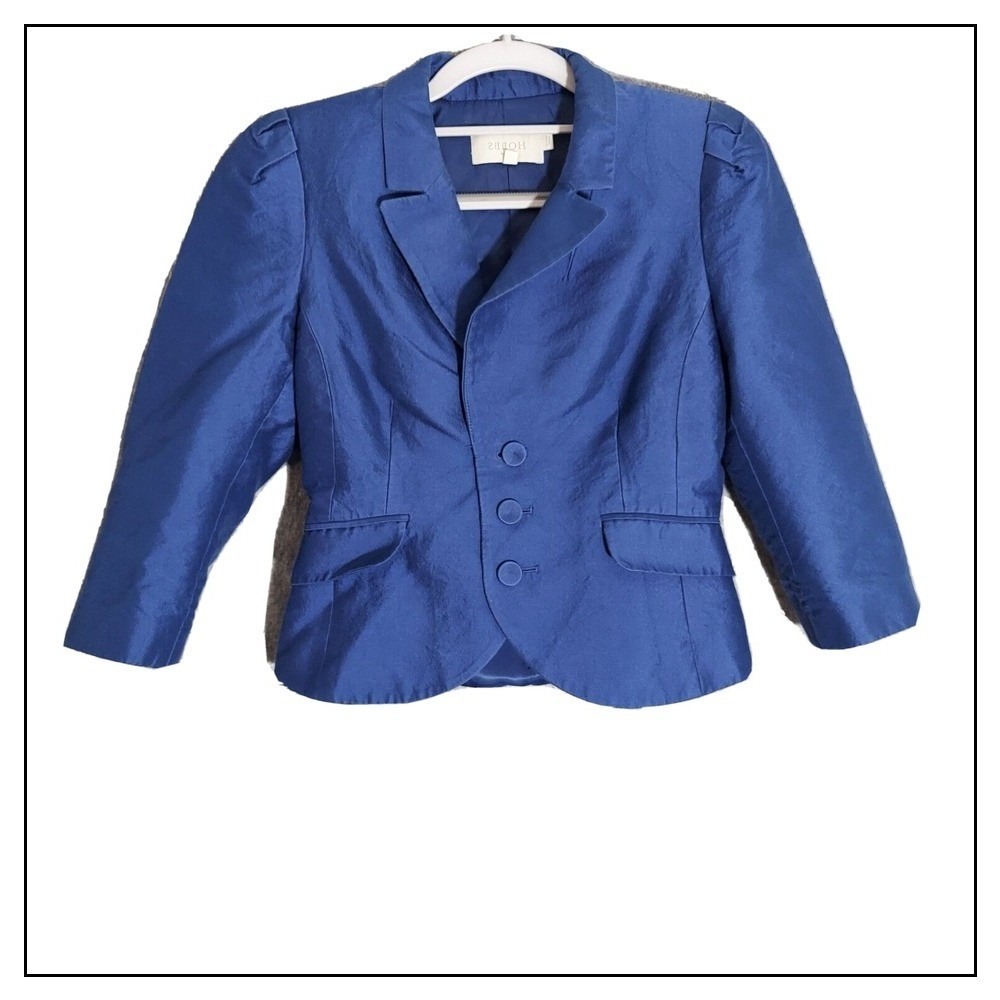 Hobbs Blazer US 4 Silk Wool Satin Royal Button Shoulder Pad Crop Office Business